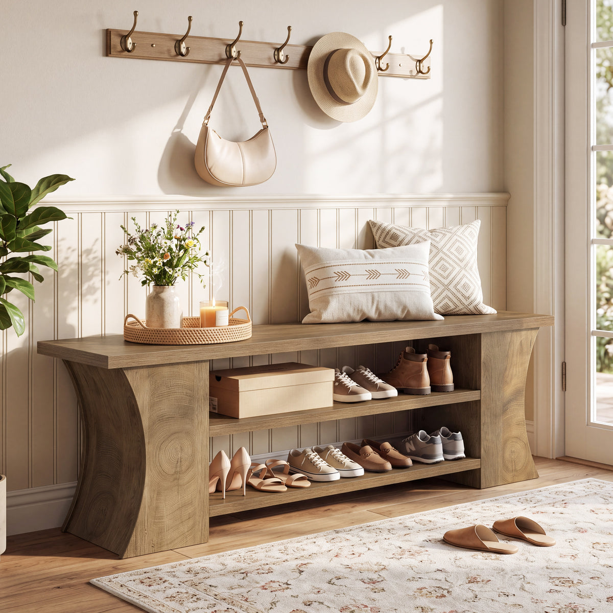 160cm Entryway Bench, 3-Tier Farmhouse Shoe Bench with Storage for Hallway