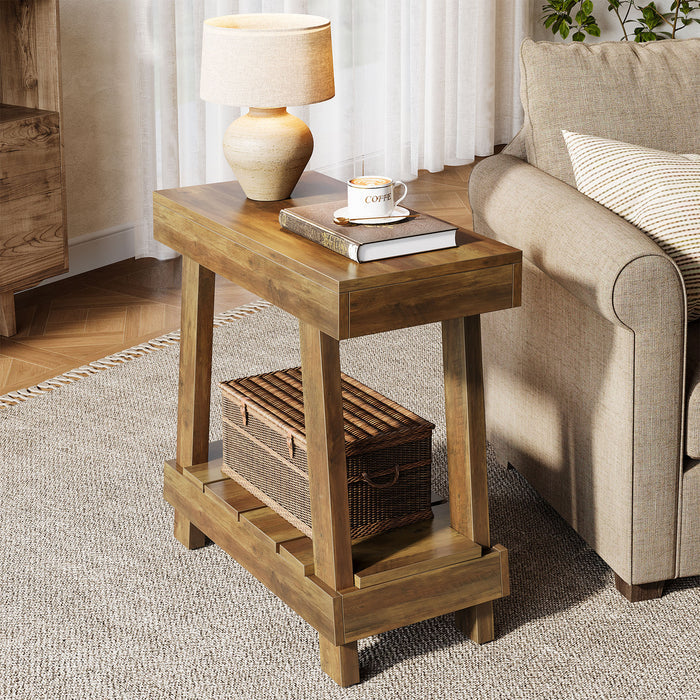 60cm Side Table, Country 2-Tier Wooden Nightstand for Living Room Bedroom
