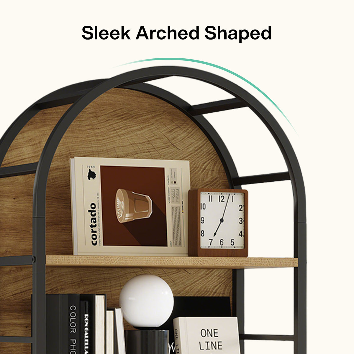 180cm Arched Bookshelf, Tall Wooden Storage Shelf for Living Room
