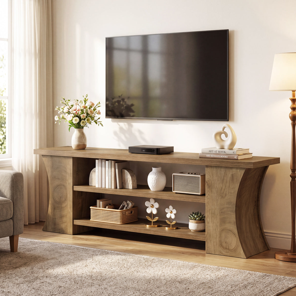 160cm TV Stand, 3-Tier Storage & Curved Legs for 75" TVs