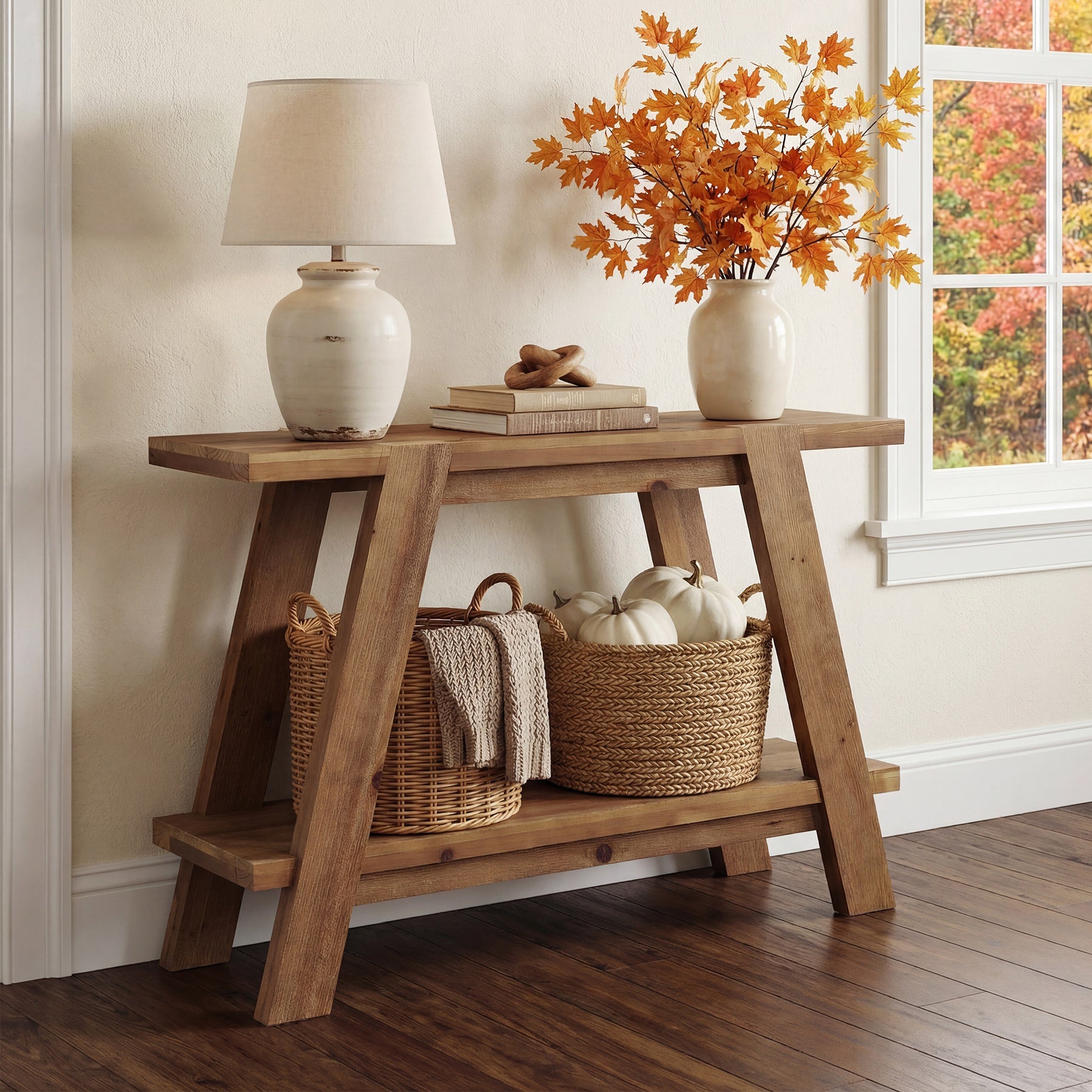 110cm Narrow Console Table, 2-Tier Solid Wood Sofa Entryway Table