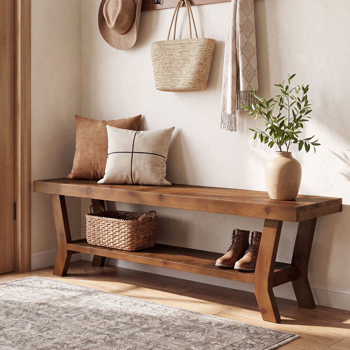 140cm Shoe Bench, Wooden Entryway Bench with Open Storage & X-Frame Legs