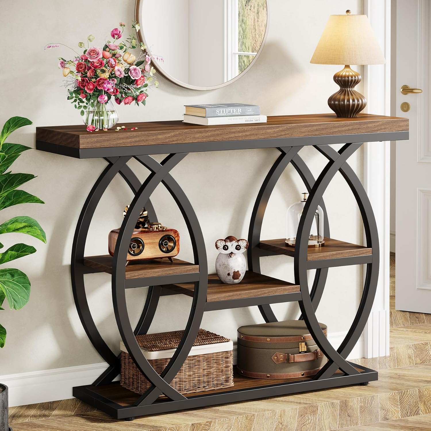 39.4" Console Table, 4-Tier Narrow Sofa Table with Metal Frame & Storage