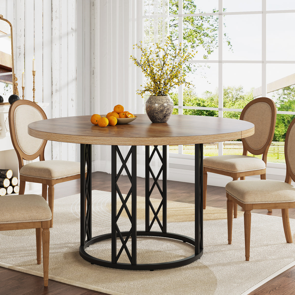 120cm Round Dining Table, 4-Seater Wood & Metal Kitchen Table