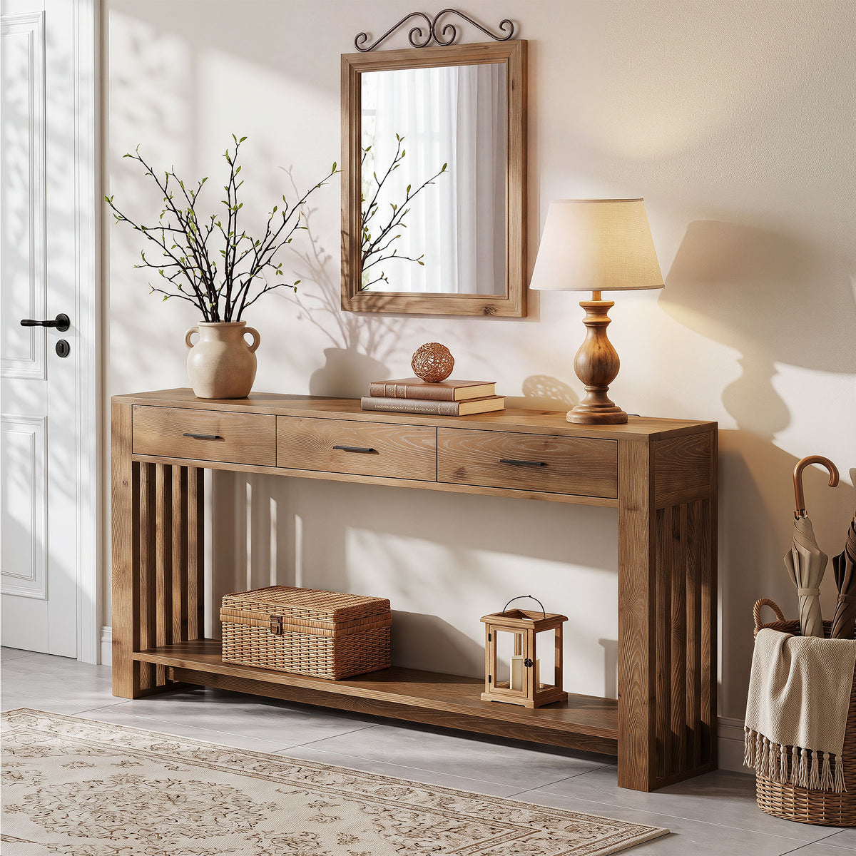 160cm Console Table, Solid Wood 3-Drawer 2-Tier Narrow Farmhouse Entryway Table