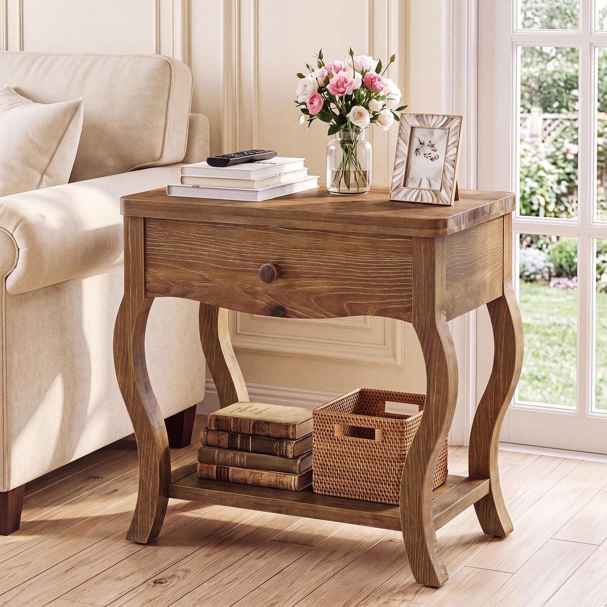 61cm End Table, Rustic Solid Wood Tall Side Table with Drawer for Living Room