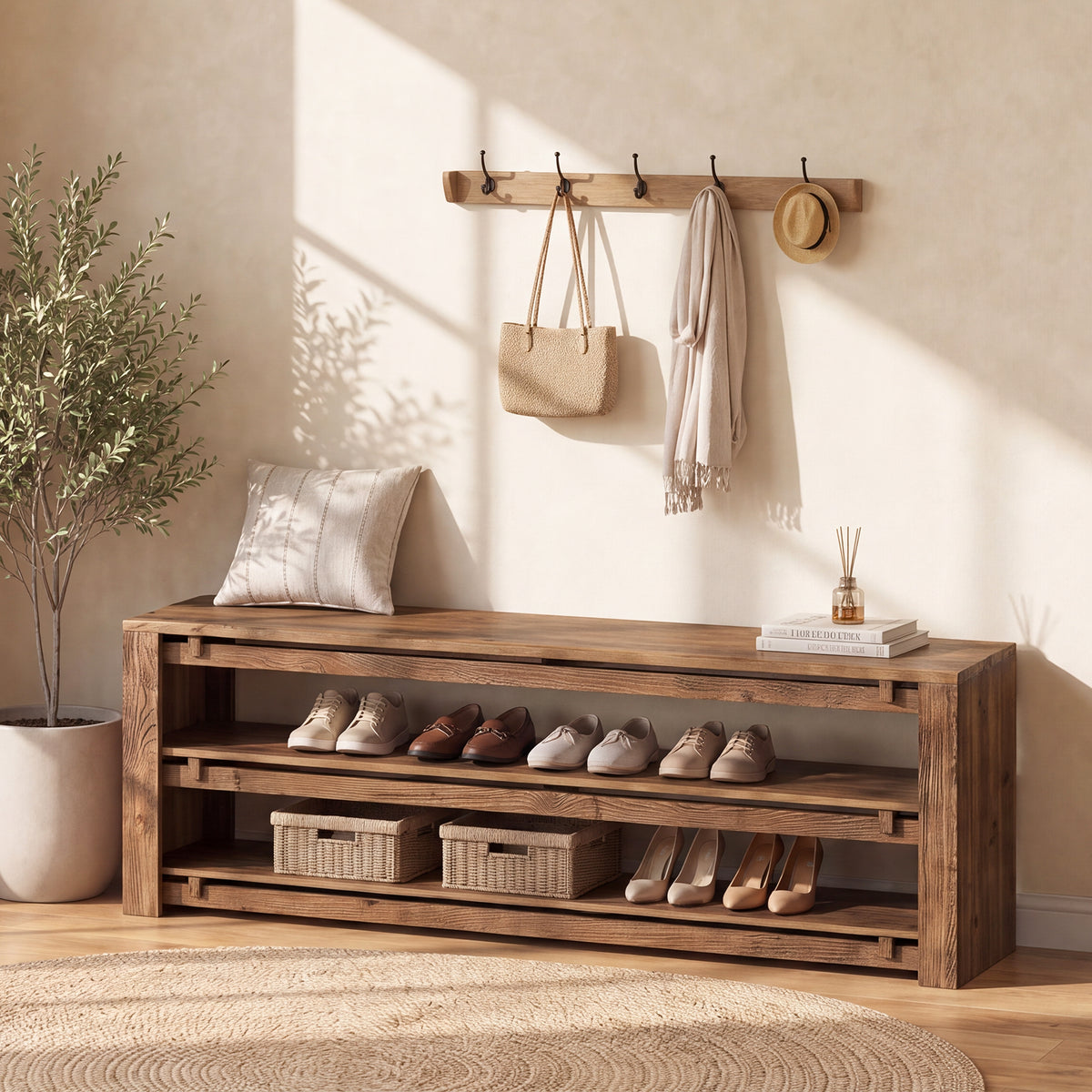 160cm Entryway Bench, 3-Tier Solid Wood Shoe Bench with Storage for Hallway Bedroom