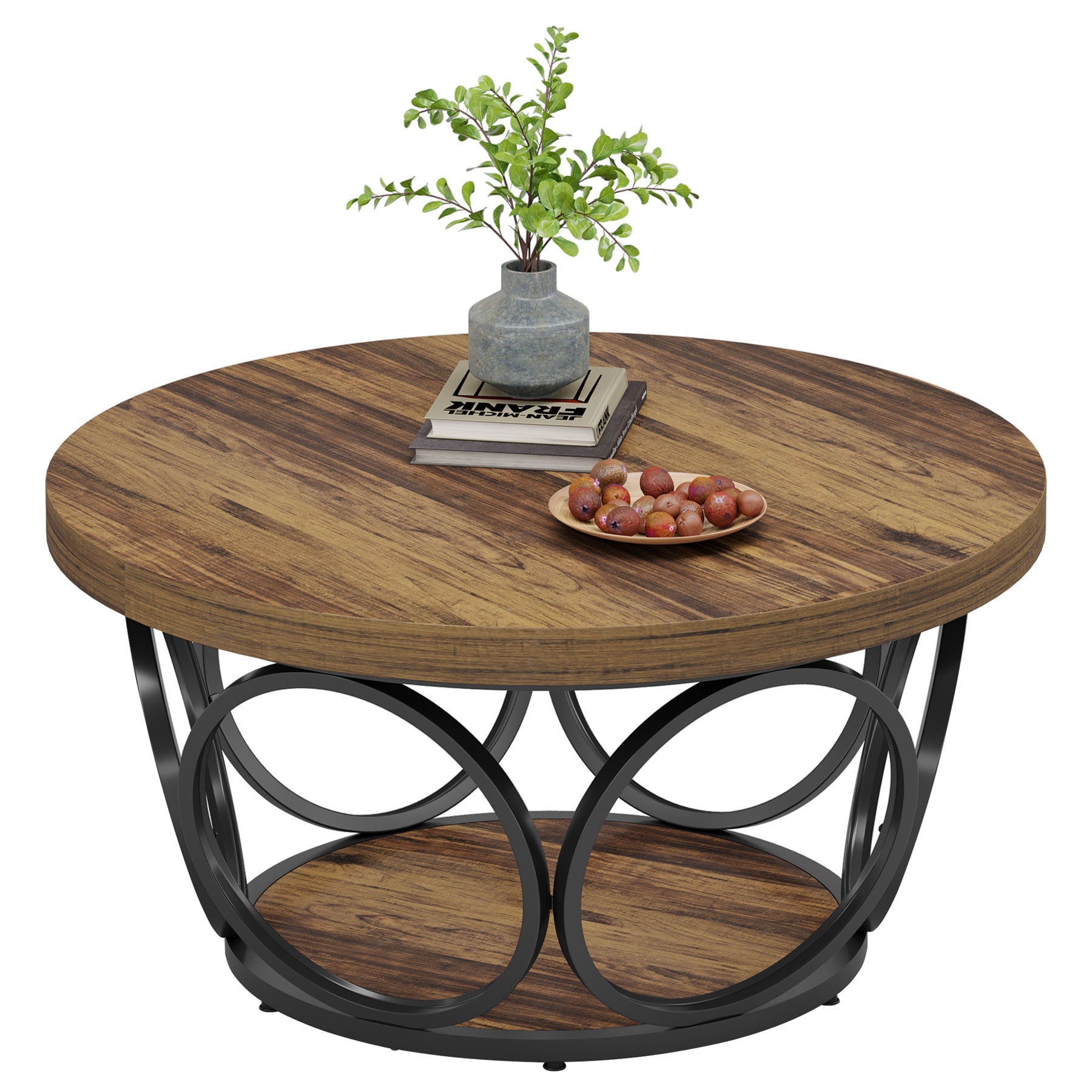 Farmhouse Coffee Table, Round Center Table with 2 Storage Shelves