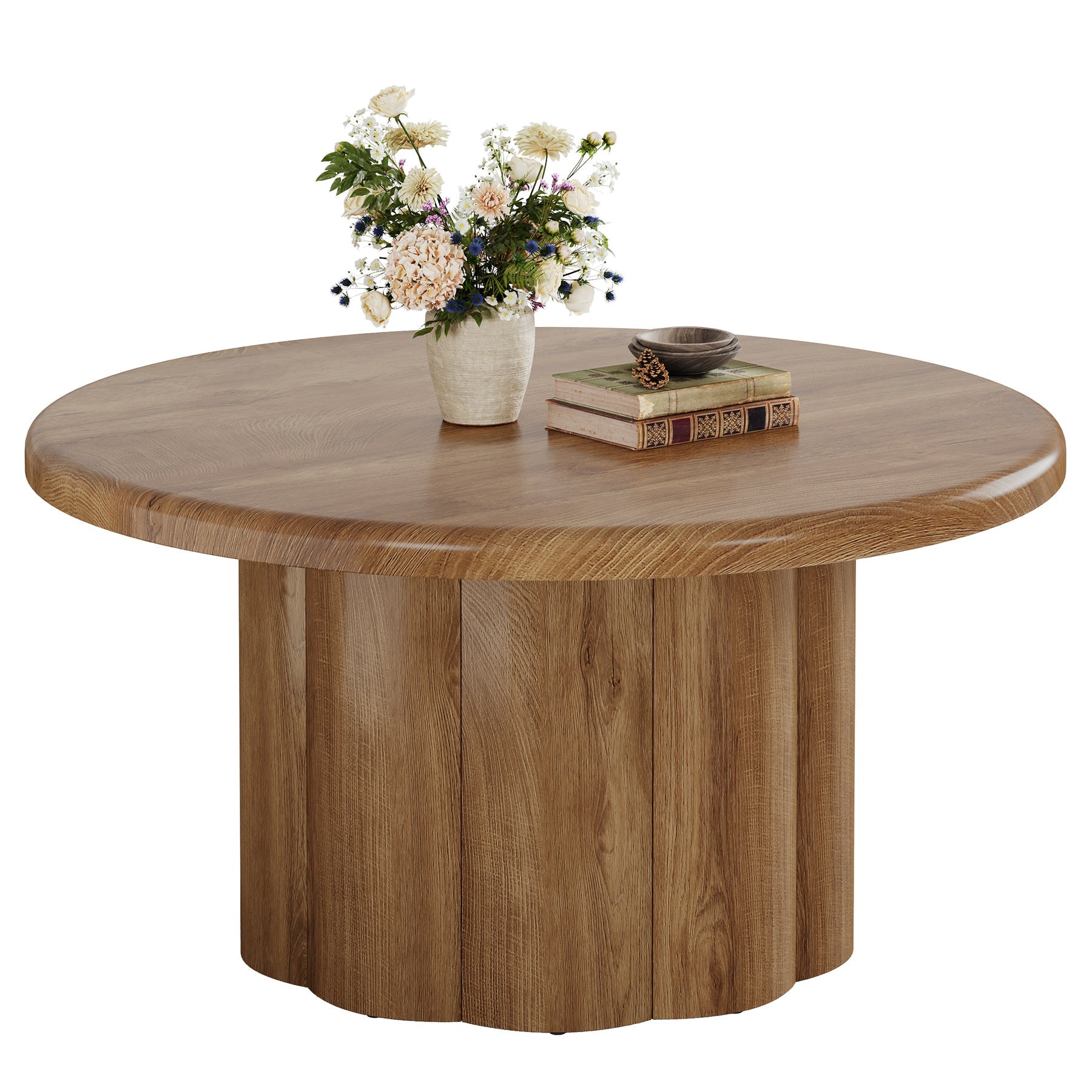 31.5" Rustic Fluted Drum Table, Round Farmhouse Center Table for Cozy Living