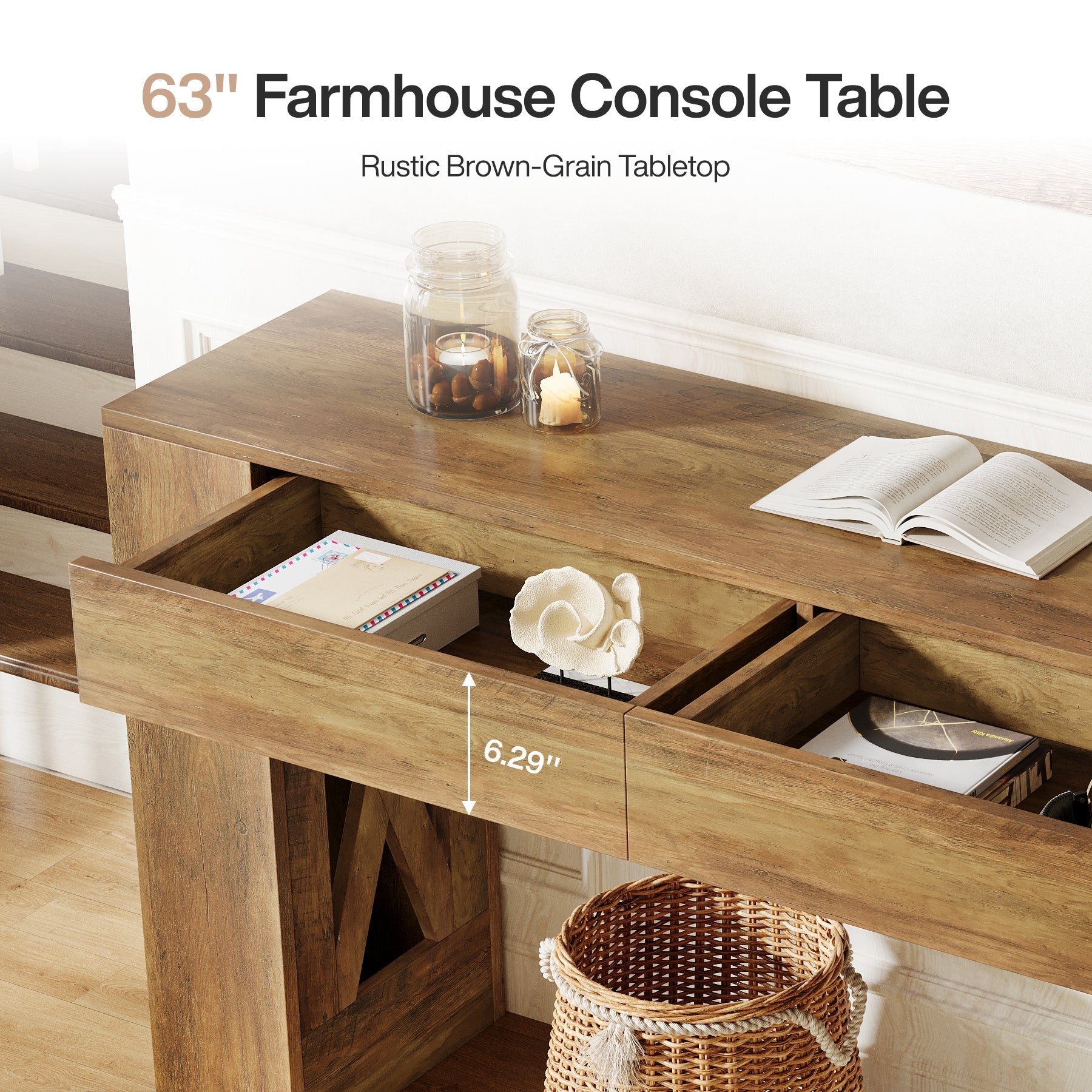 63" Farmhouse Console Table, X-Leg Sofa Table with 2 Drawers