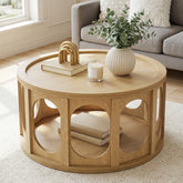 80 cm Round Coffee Table with Tray Top,Mid-Century Modern Accent Table for Living Room – Rustic Brown. 3