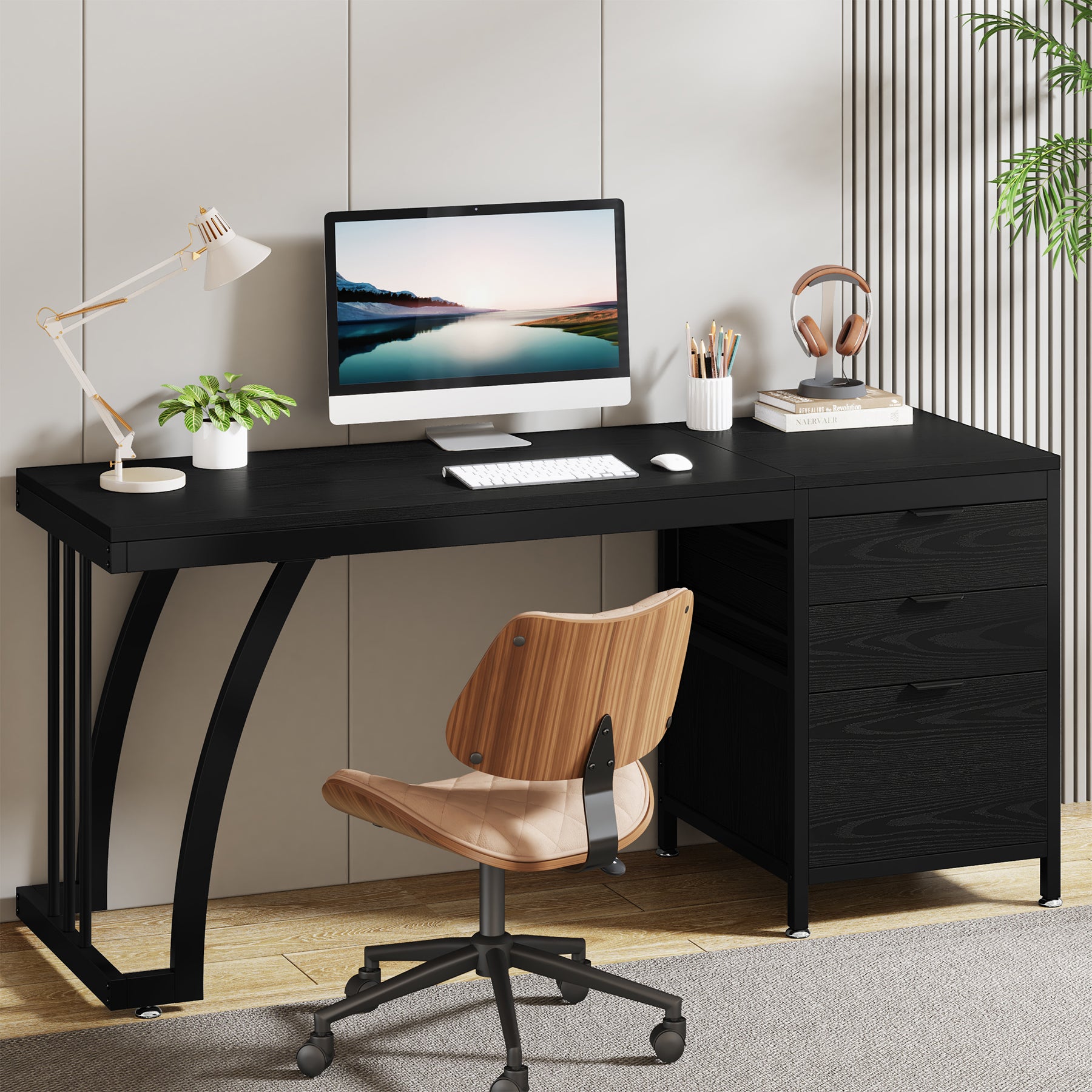 59" Computer Desk with 3 Drawers, Industrial Study Writing Table Workstation with File Storage for Home Office