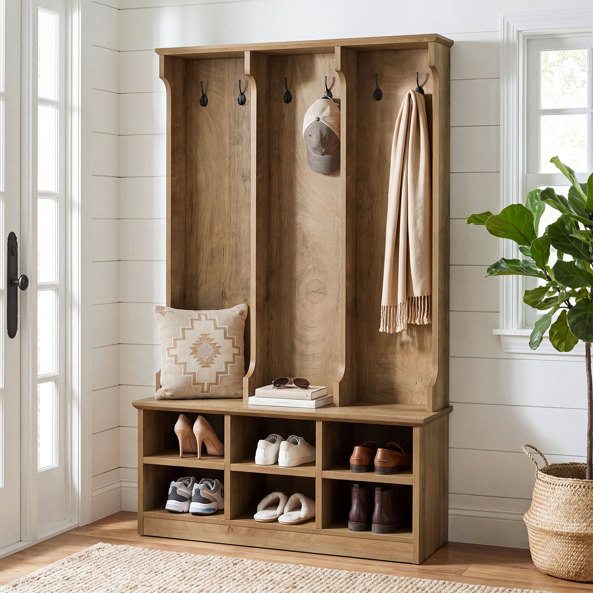 180cm Hall Tree, 3-in-1 Entryway Coat Rack with Shoe Bench & Storage