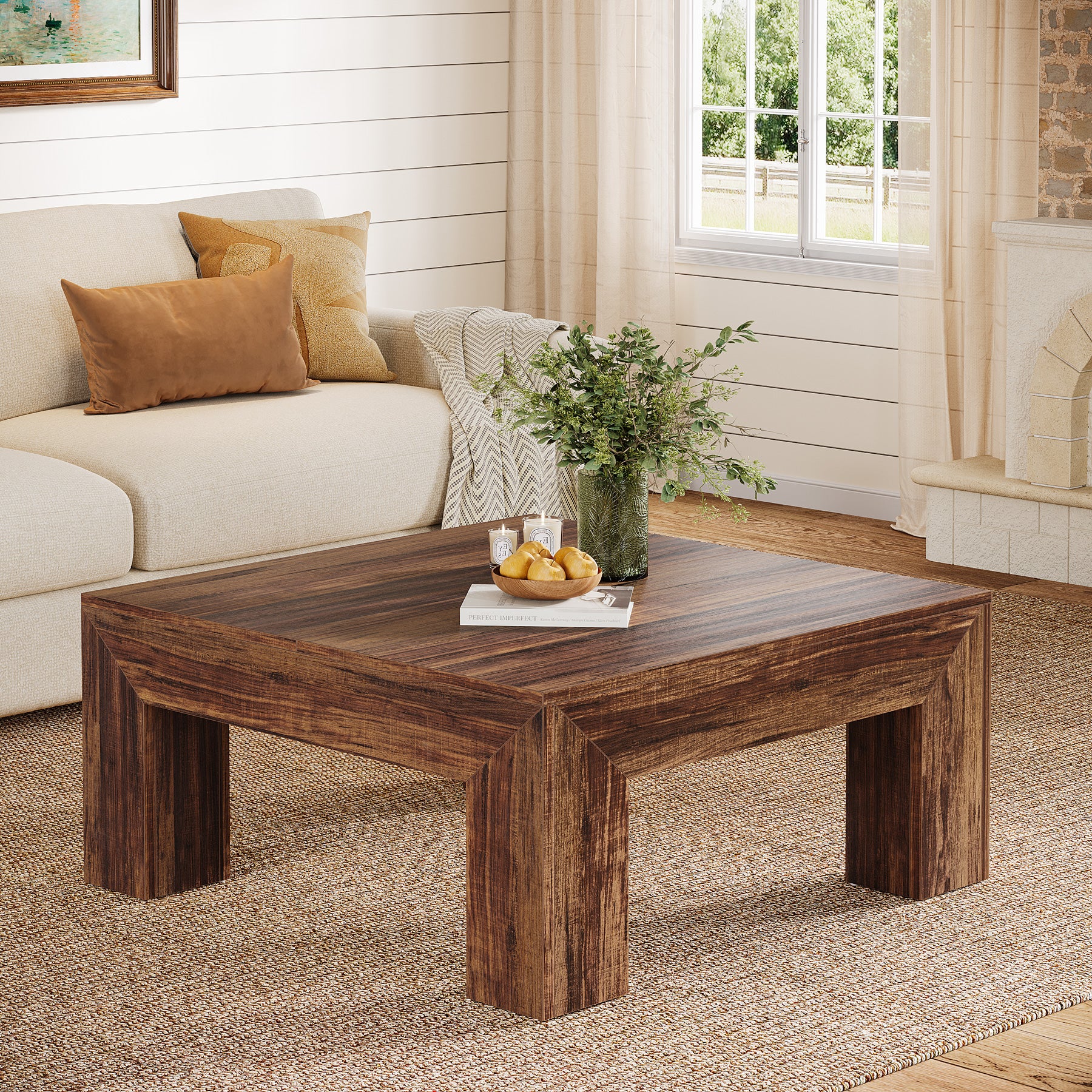 39" Square Farmhouse Coffee Table, Tea Table with Sturdy Wood Legs