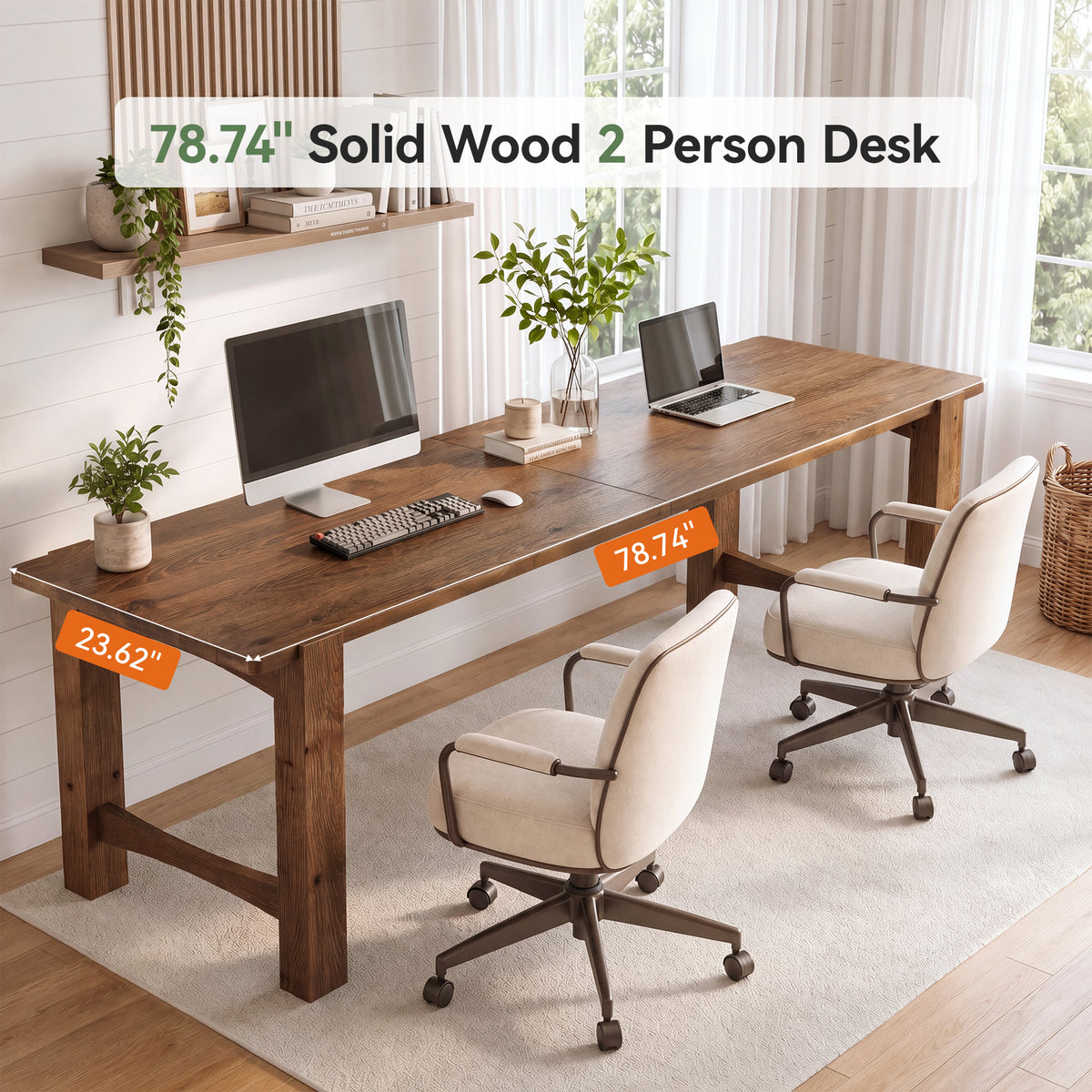 200cm 2-Person Computer Desk, Farmhouse Solid Wood with Thick Legs for Home Office