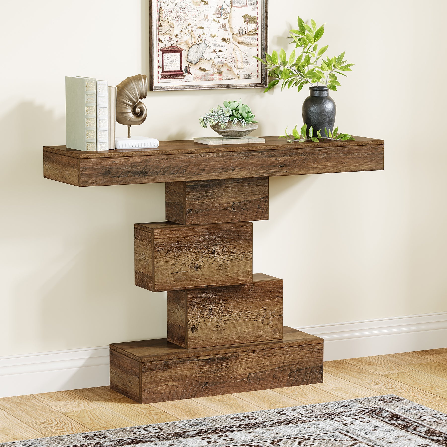 42" Console Table, Wood Sofa Table Accent Table with Geometric Base