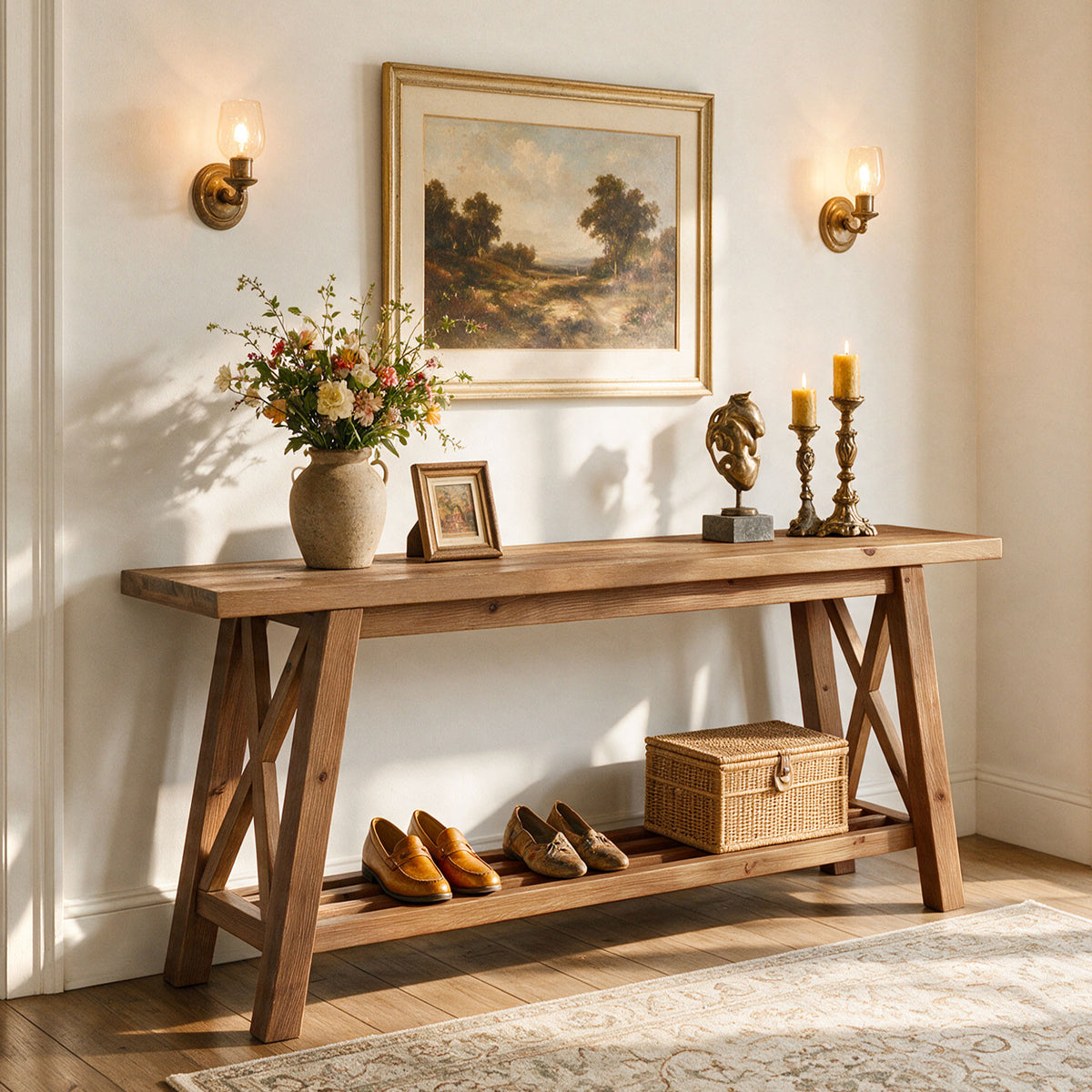 160cm Console Table, Solid Wood X-Brace 2-Tier Entryway Sofa Table with Storage