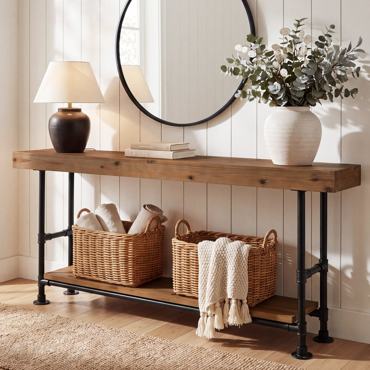 160cm Console Table, 2-Tier Solid Wood for Entryway & Hallway