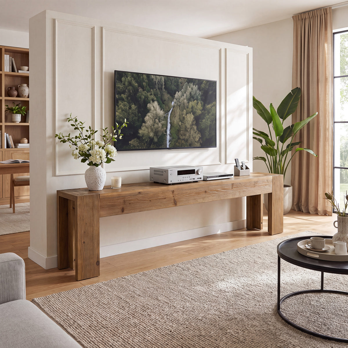 180cm TV Stand, Extra Long Solid Wood Farmhouse Entertainment Centre for Living Room