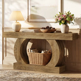 Rustic console table, 150 x 30 x 85 cm, with an open, round base,narrow two-tier hall table for hallways and living rooms 3