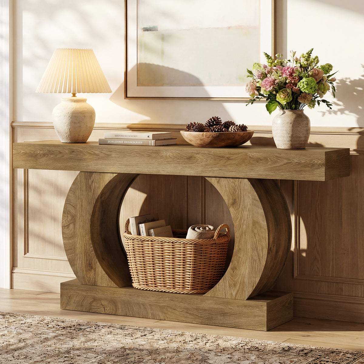 Rustic console table, 150 x 30 x 85 cm, with an open, round base,narrow two-tier hall table for hallways and living rooms