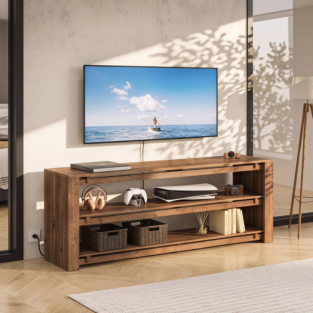 160cm TV Stand, Solid Wood 3-Tier Console with Storage for TVs up to 75"