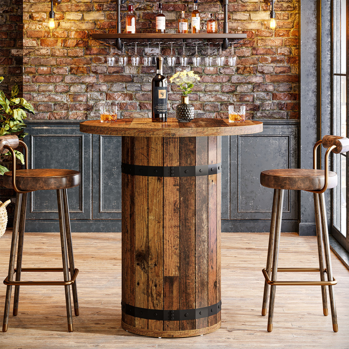 100cm Round Bar Table, Rustic Pub Table with Barrel Base for Kitchen Living Room