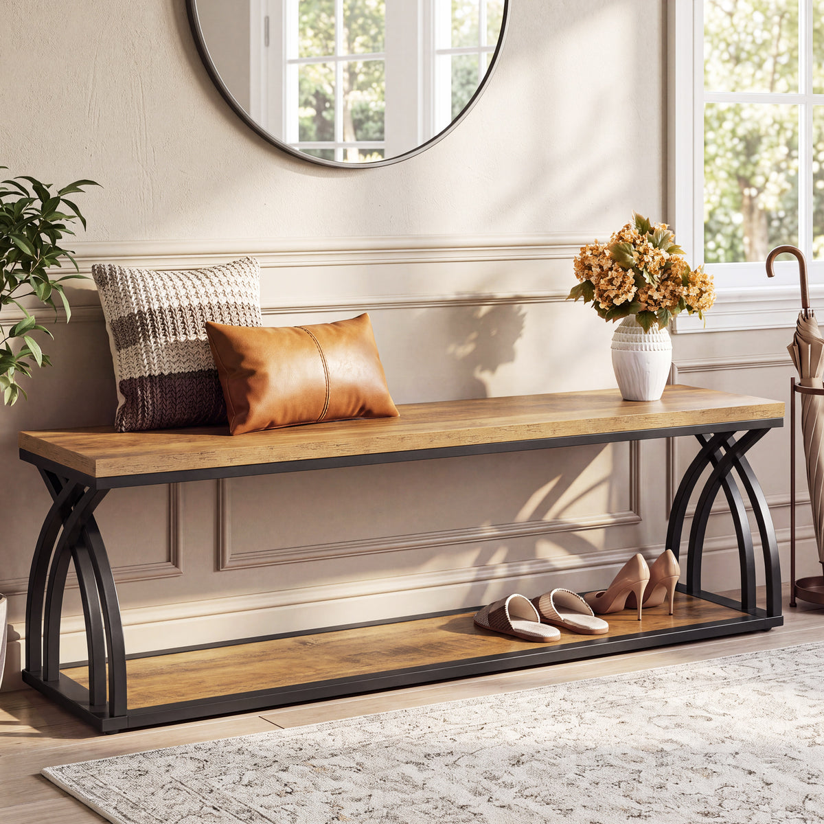 140cm Industrial Storage Bench with Shoe Rack, 2-Tier Entryway Bench for Hallway & End of Bed