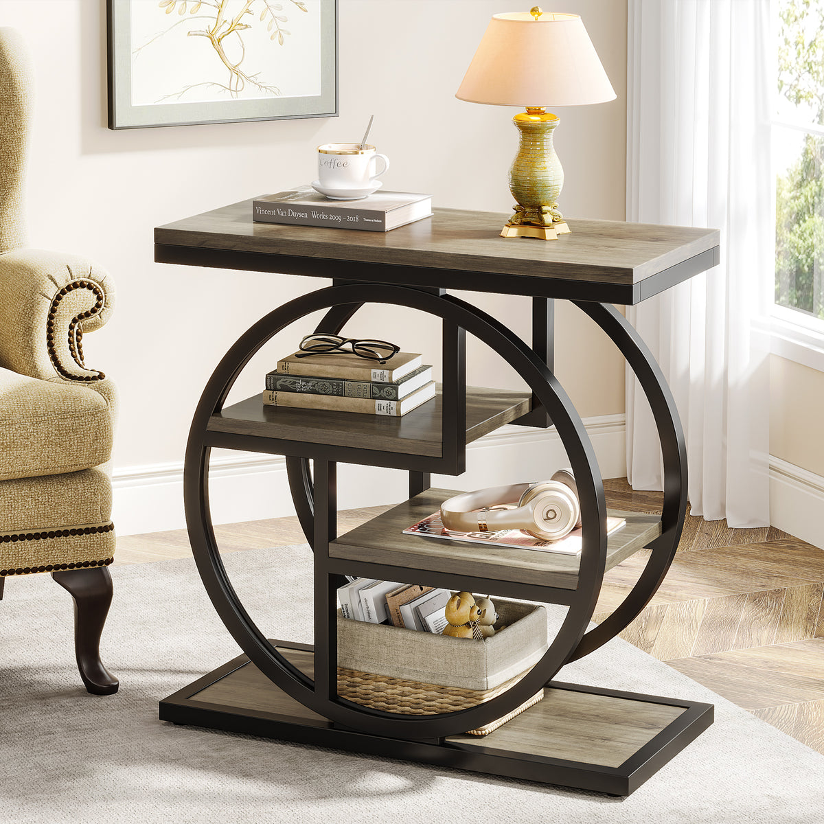 23.6" Industrial 4-Tier End Table - Narrow Wood & Metal Side Table with Storage Shelves, Rustic Brown