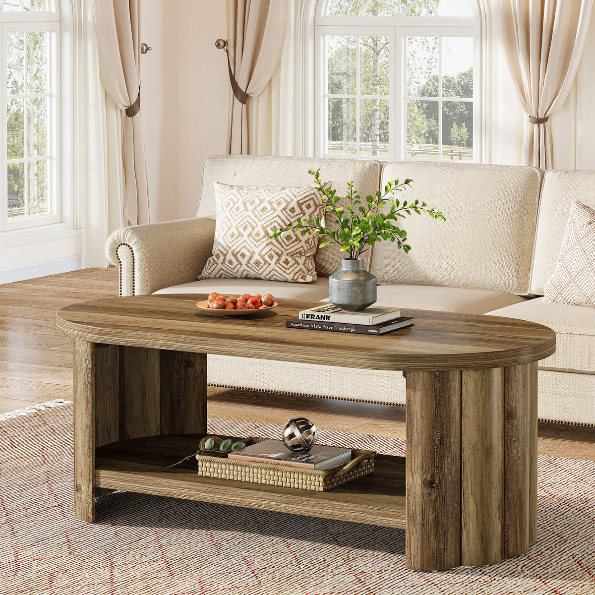 120cm Oval Coffee Table, Storage Shelf for Living Room