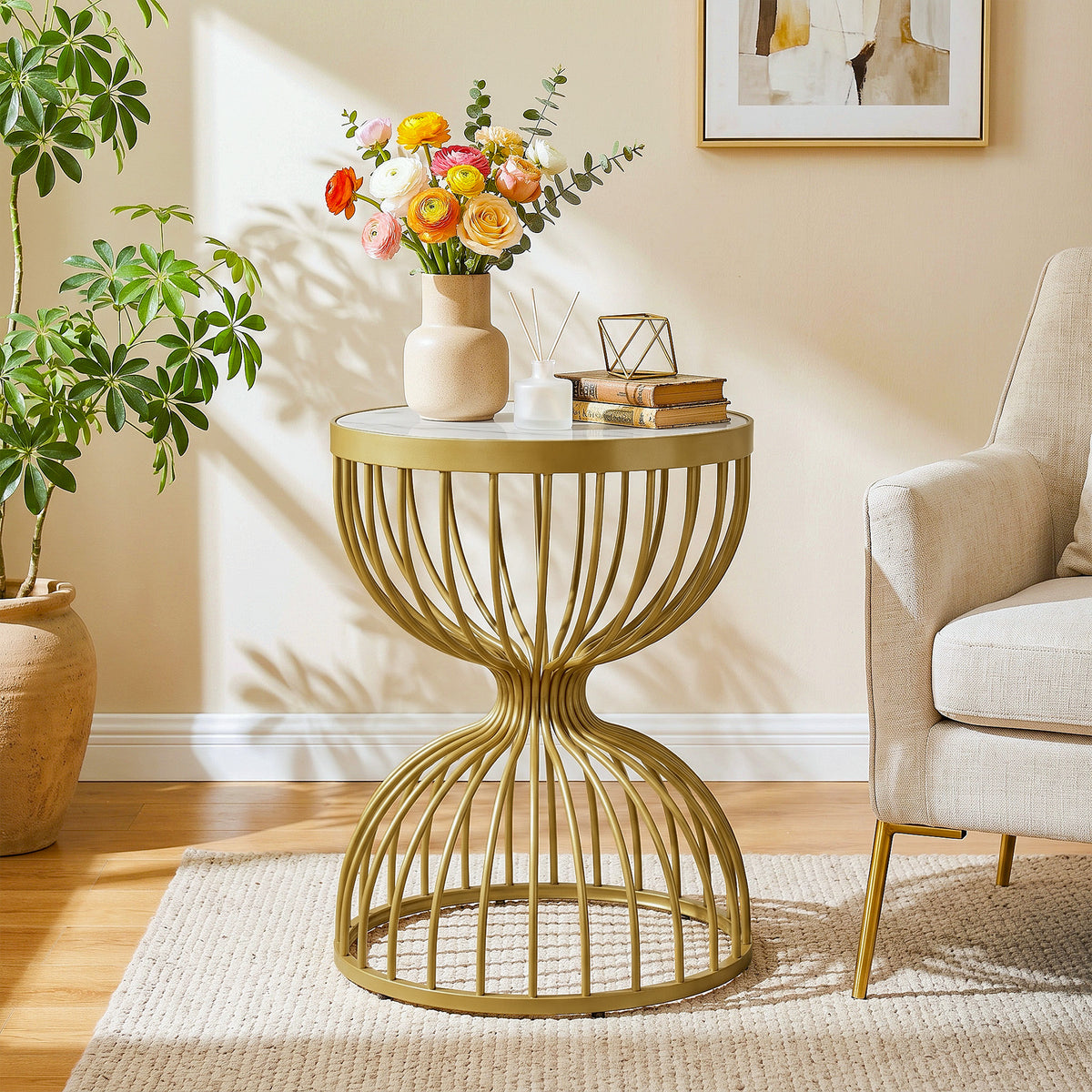 50cm Round End Table, Modern Accent Side Table with Faux Marble Top & Metal Frame