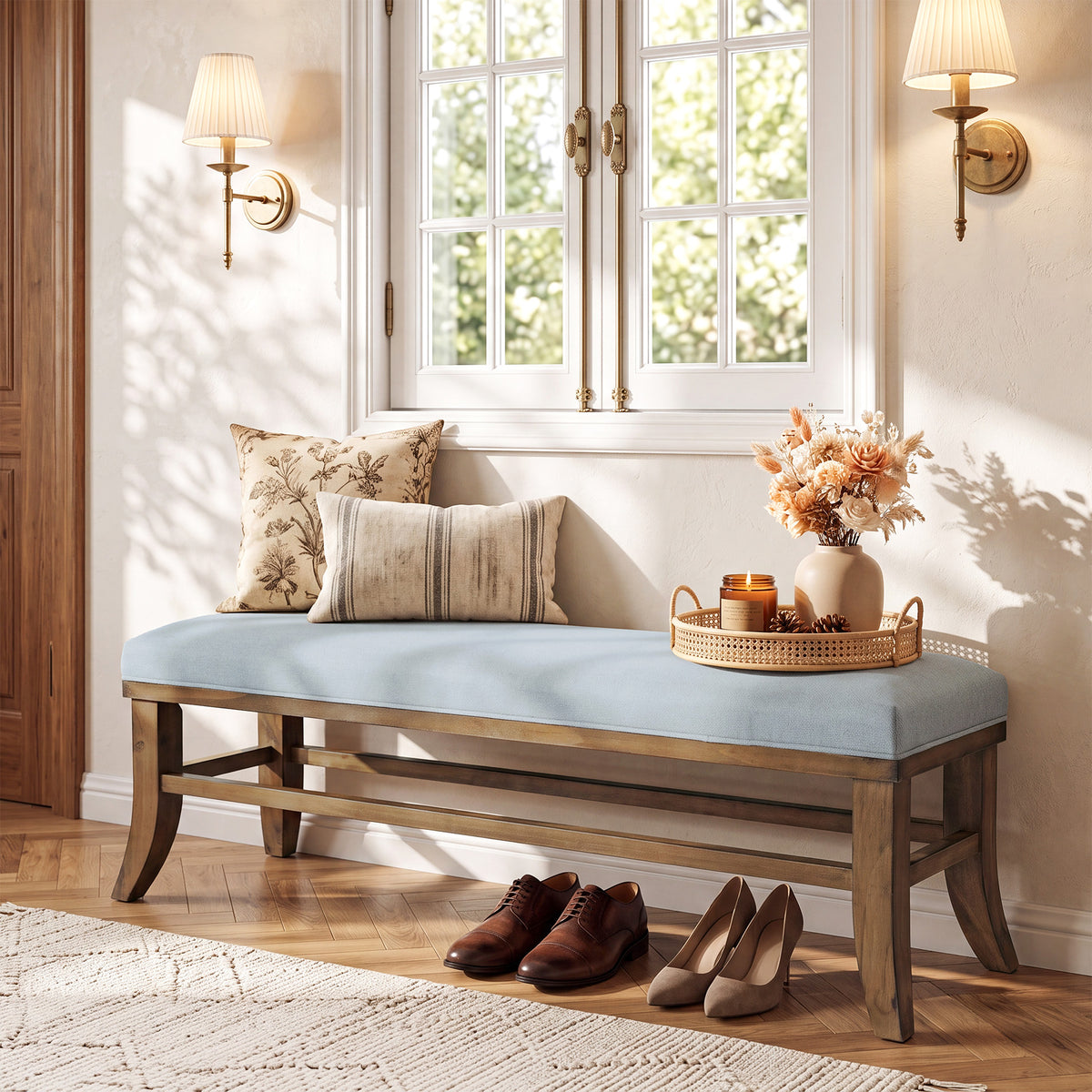 140cm Dining Bench, Upholstered Solid Pine with Linen Cushion for Dining Room