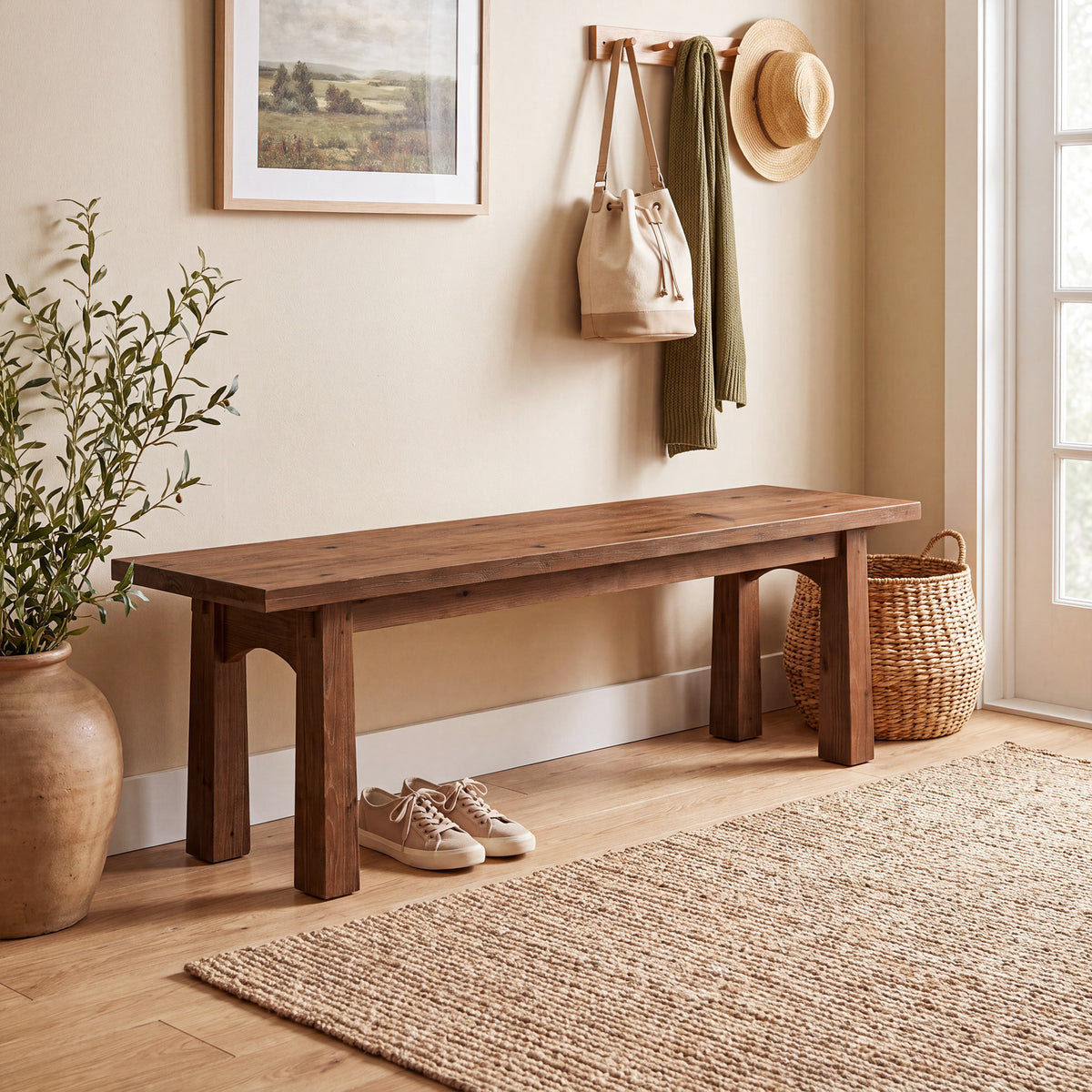 140cm Entryway Bench, Solid Wood Farmhouse Shoe Bench