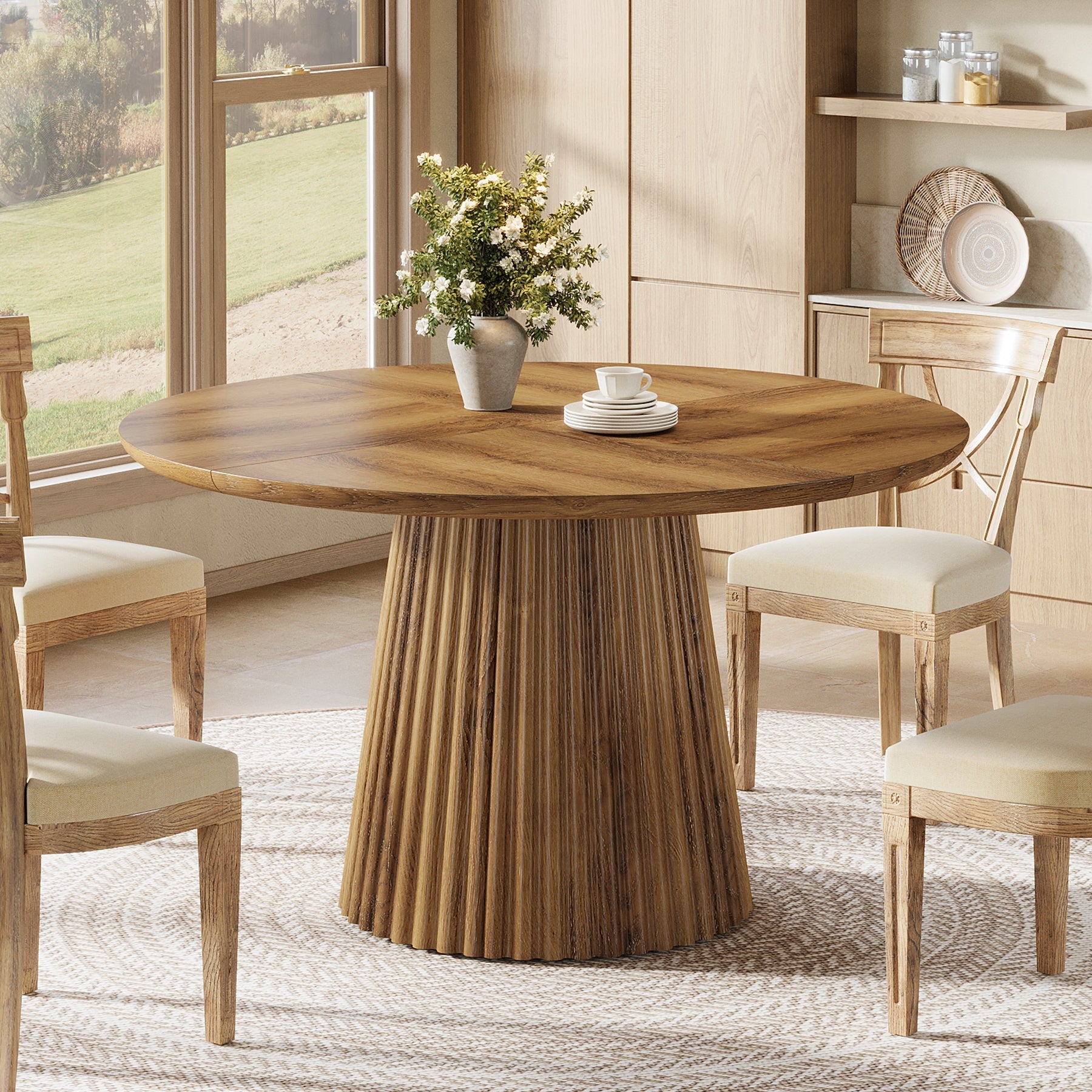 47.24" Round Dining Table, Kitchen Table with Fluted Design for 4-6