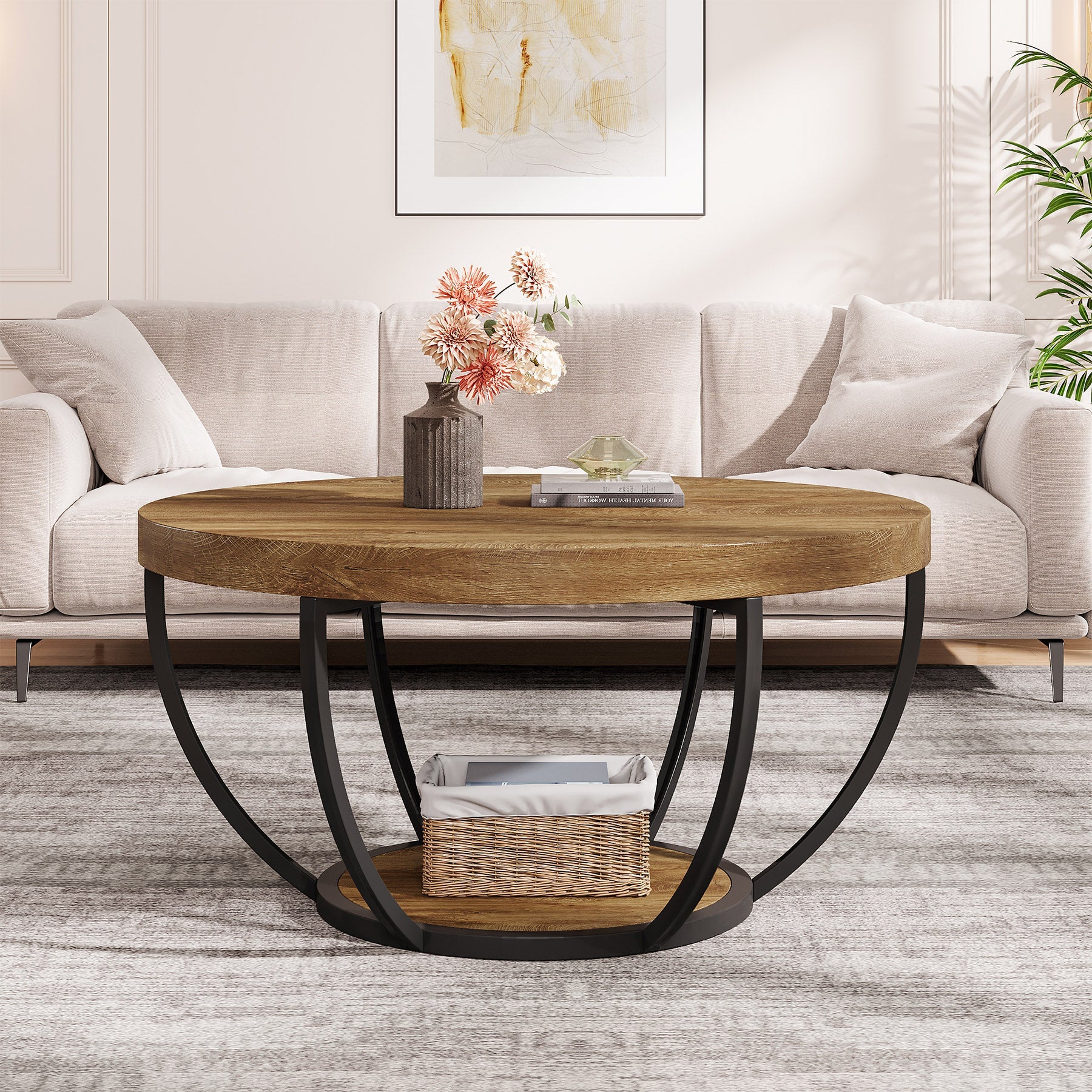 31.69" Round Wooden Coffee Table, 2-Tier Central Cocktail Table with Shelves