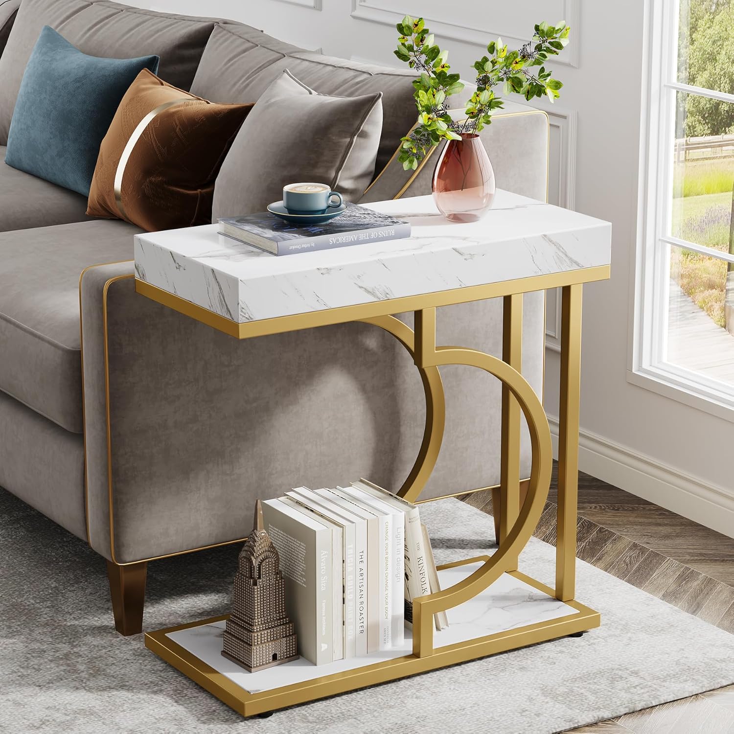 24" Modern C-Shaped Side Table, White & Gold Narrow End Table with Metal Frame