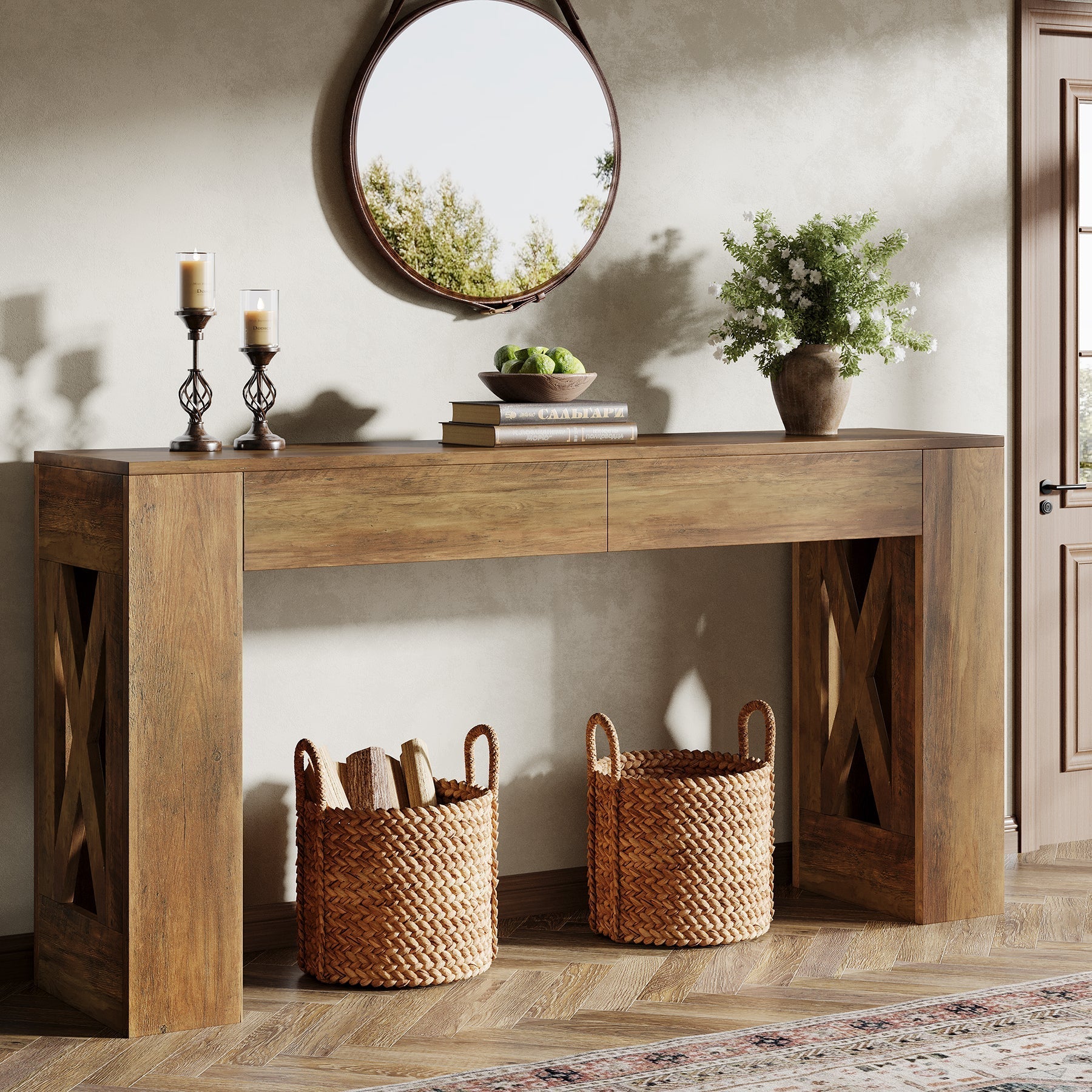 63" Farmhouse Console Table, X-Leg Sofa Table with 2 Drawers