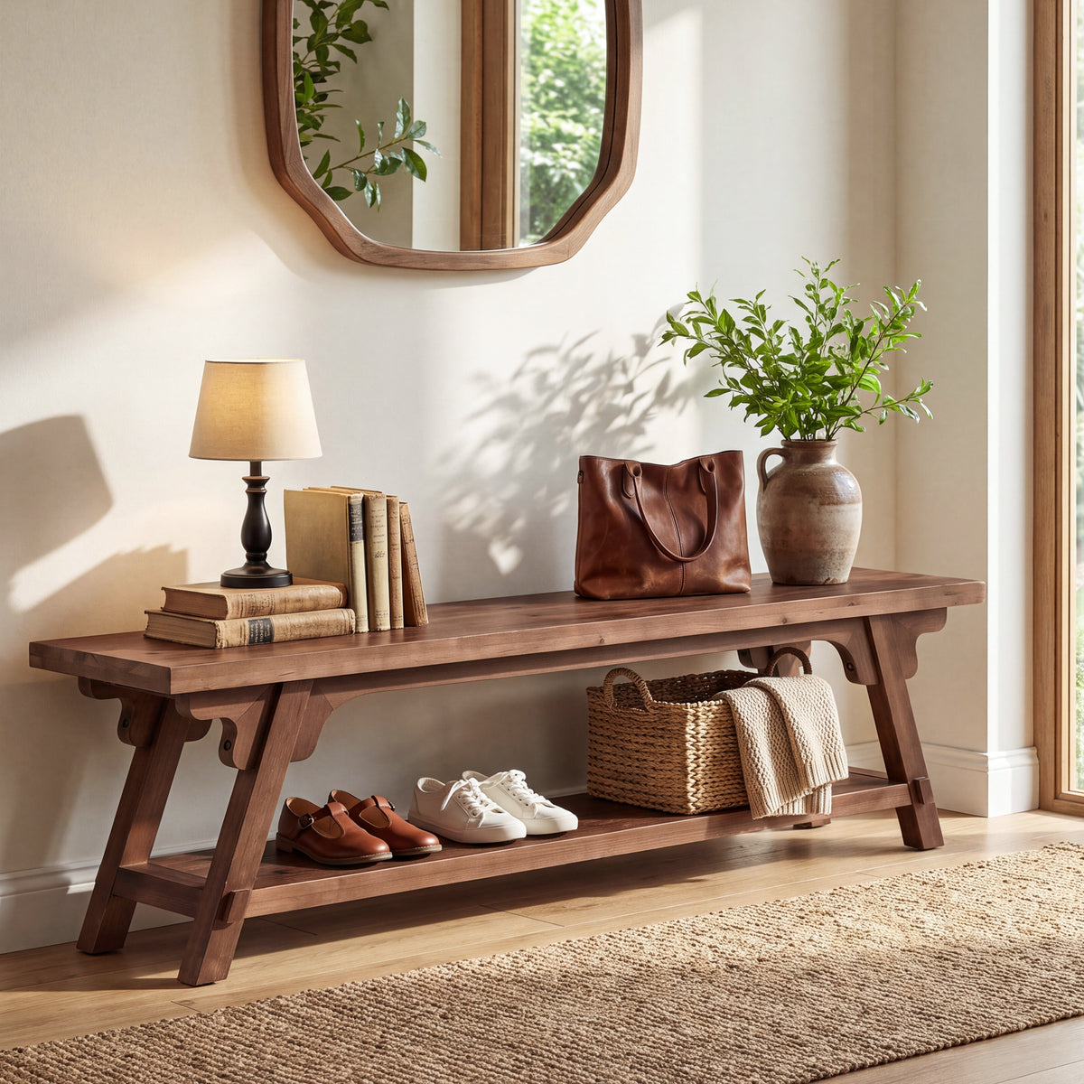 160cm Entryway Bench, Solid Wood 2-Tier End of Bed Bench