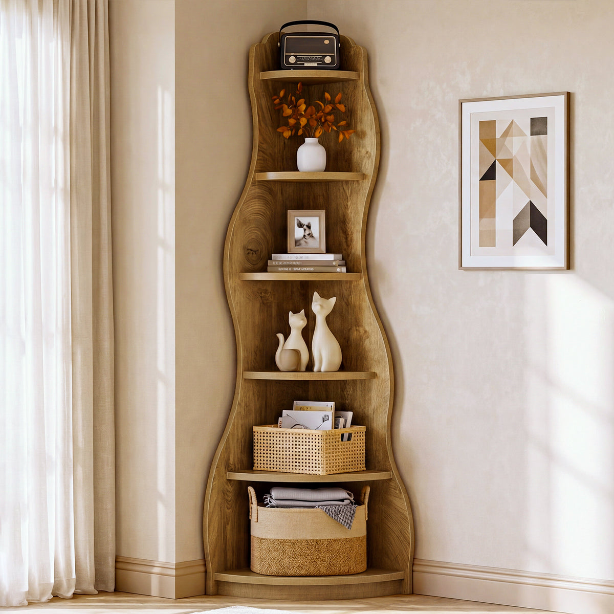 6-Tier Corner Shelf Stand,175cm Tall Bookshelf with Curvy Shape for Living Room