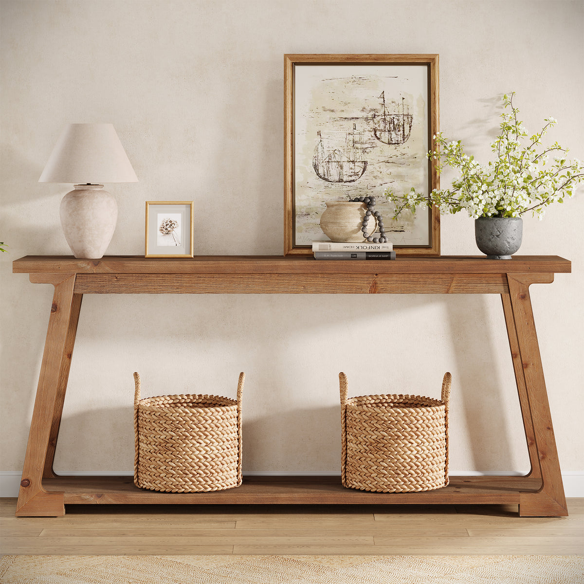 160cm Console Table, 2-Tier Wooden Hallway Table for Living Room Entryway