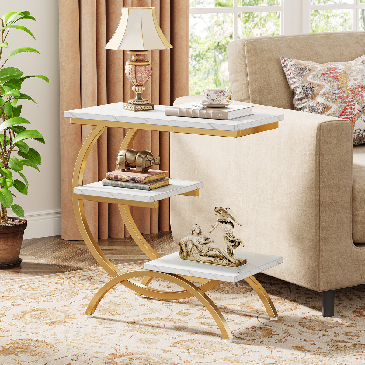 23.62" Industrial Brown Oak Side Table, Black Metal C-Frame & 3 Shelves