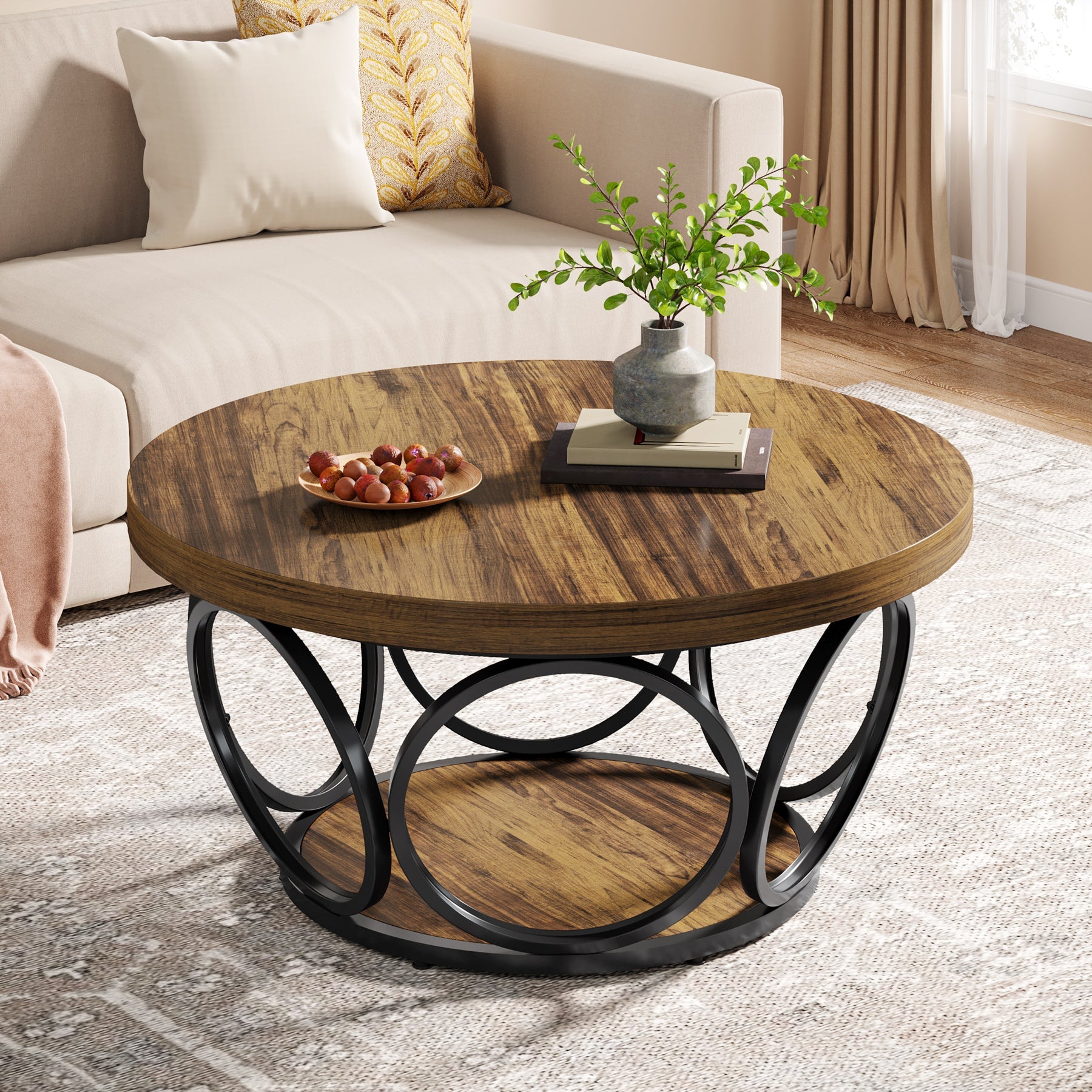 Farmhouse Coffee Table, Round Center Table with 2 Storage Shelves
