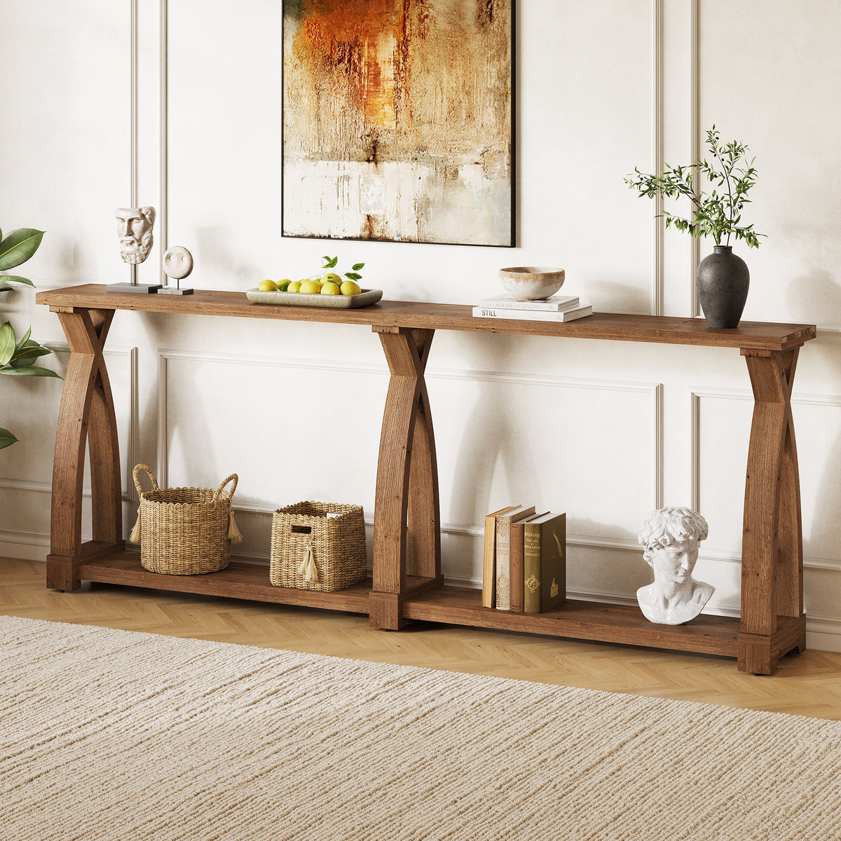 200cm Console Table, Solid Wood 2-Tier Narrow Hallway Table