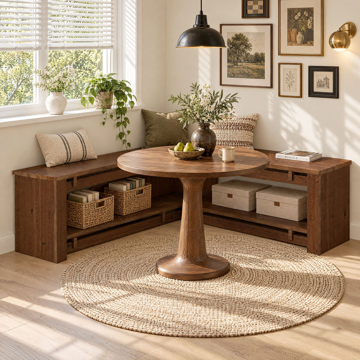 120cm L-Shaped Corner Dining Bench, Rustic Solid Wood with Storage Shelf for Breakfast Nook