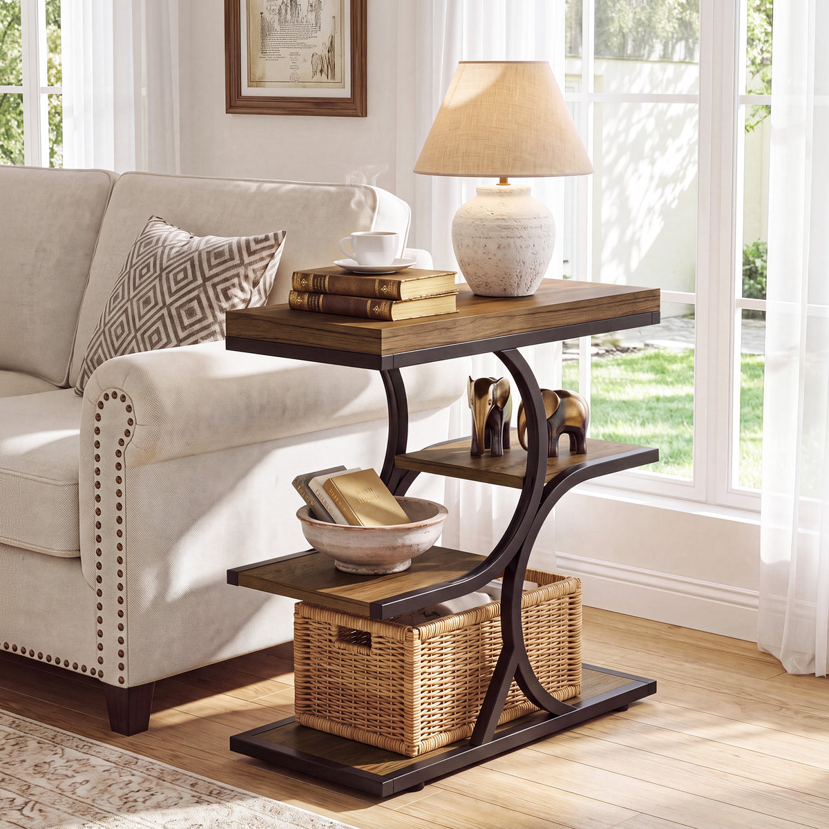 60cm Side Table, 4-Tier Industrial Narrow Open Storage for Living Room Bedroom