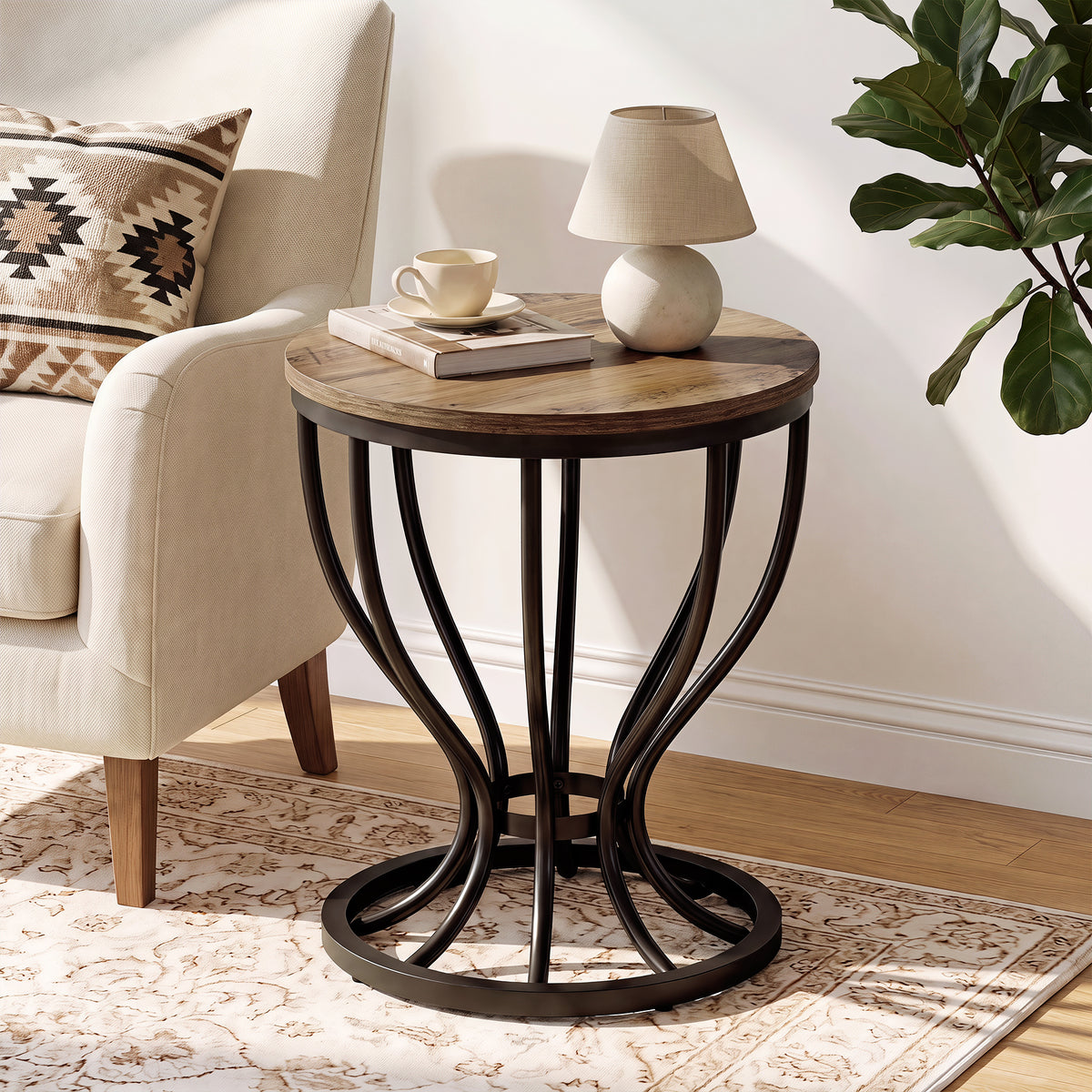 50cm Round Side Table, Industrial End Table with Curved Metal Frame