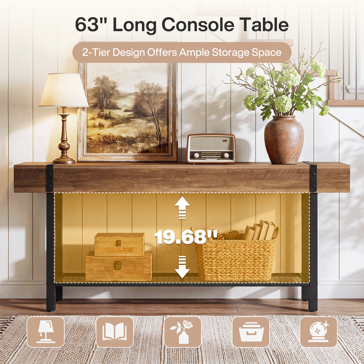 160cm Console Table, Industrial 2-Tier Behind Couch Sofa Table for Entryway Living Room