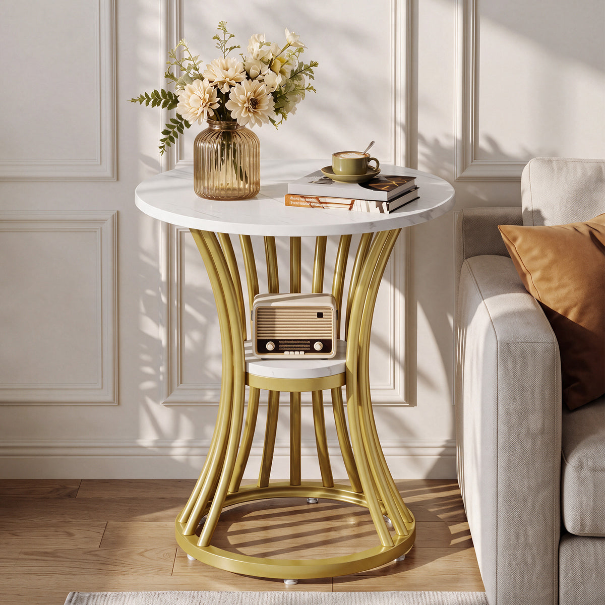 48cm Round Faux Marble End Table, 2-Tier Modern Side Table for Living Room Patio