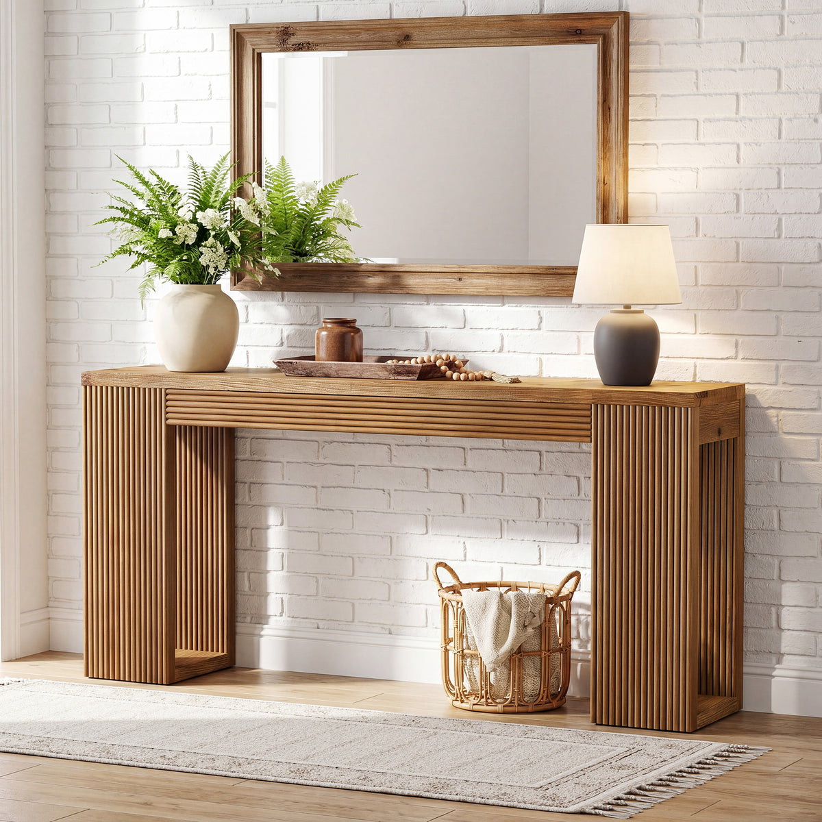 160cm Console Table, Solid Wood Narrow Hallway Table with Ribbed Legs