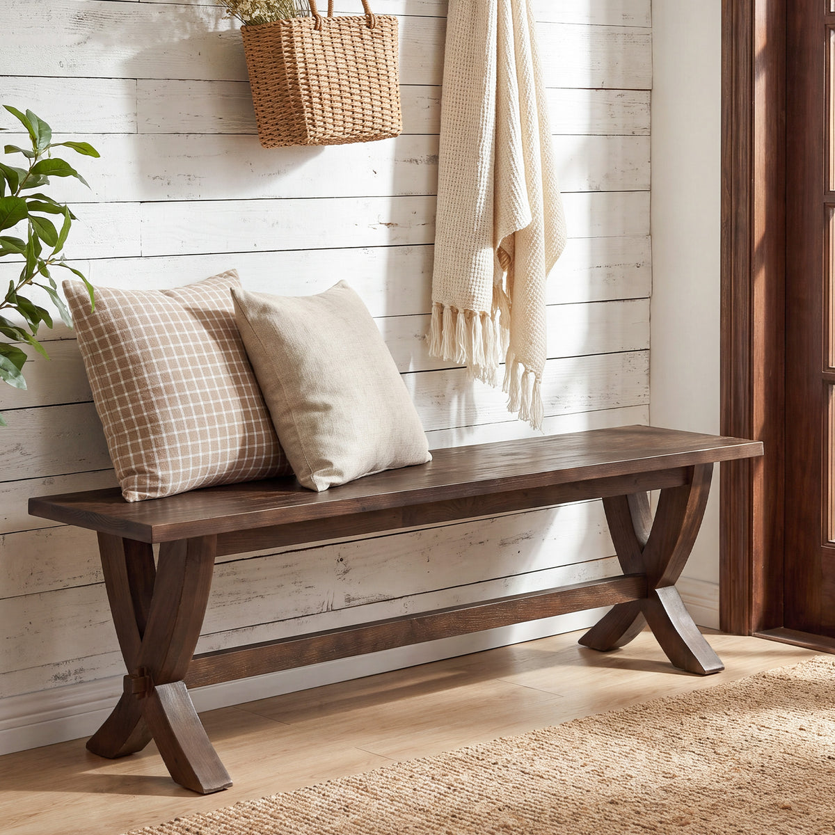 150cm Entryway Bench, Farmhouse Wooden Bench with X-Frame Legs